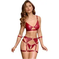 Cottelli Bondage - Glanzend BH-set & polsboeien (rood) - M