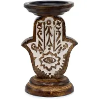 Ancient Wisdom - Kandelaar - Kaarsenstandaard van mango hout multicolor 18x11cm - kaarsenhouder - interieurdecoratie - cadeau - vintage - handgemaakt - decoratie