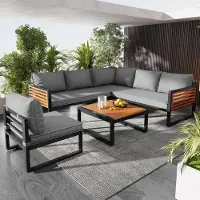 Merax 5-6 persoons Tuinset met verzinkt ijzeren frame, modern buitenbankje met houten armleuningen
