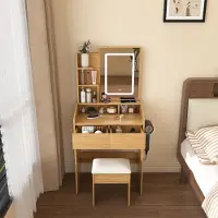 STILVORA Schminktafel met LED-verlichting en stopcontact, kaptafel met föhnhouder en beklede kruk, compacte make-up tafel voor kleine ruimtes
