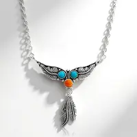 Cavill - Zilveren Halsketting - 925 Sterling Zilver Antiek - 2x Blauwe Kingman Mohave Turkooisen 0,94ct + Oranje Oester 0,47ct - Boho Ronde Cabochon