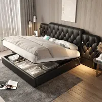 Sweiko Tweepersoonsbed - 160 x 200 cm - PU materiaal - USB-aansluiting - 2 leeslampjes - Opbergruimte - Zwart