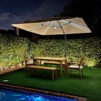 Laura Zweefparasol 300x300 cm met LED Verlichting & 360° Draaibaar – Aluminium Tuinparasol UV50+ Waterafstotend Vierkant Beige – Luxe Hangparasol voor Terras & Tuin –
