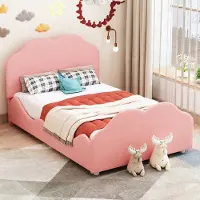SINGULARITY -Gestoffeerd kinderbed- 90 x 200 cm hoog- met een kinderbedframe met spijlen en een wolkvormig hoofdeinde en voeteneinde. Eenpersoonsbed- roze- zonder matras.