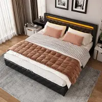 OKWISH Gestoffeerd Bed 140x200 cm - Met LED Sfeerverlichting - Met Gasveer Lattenbodem En Opbergruimte - PU - Zwart - Zonder matras