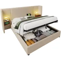 Merax Gestoffeerd Tweepersoonsbed 180×200 cm met Hydraulische Opbergruimte en Leeslamp – Bed met USB en USB‑C Aansluiting – Beige Linnen