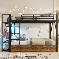 Merax Stapelbed 140 x 200 cm - met 2 lades - opbergruimte - met LED-verlichting - met kledingstang - zonder matras - zwart