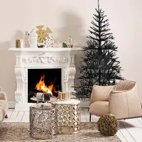 Costway 180 cm Scharnierende Kunstmatige Halloween Boom, Zwarte Vakantie Decoratie Kerstboom met PVC Takken Tips, LED Lichten & Ornamenten, Feestelijke viering Spookachtige Kunstkerstboom