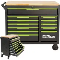 TRUTZHOLM Werkplaatswagen Star XL onuitgerust 103 x 112 cm staal zwart/groen 12 laden hardhouten blad