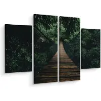 Karo-art Schilderij - Houten hangbrug in het bos, 4 luik, premium print