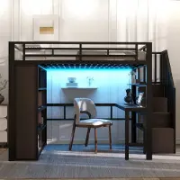 Merax Hoogslaper 140 x 200 cm - met bureau - opbergvak - LED-verlichting - trap met opbergruimte - zonder matras - zwart