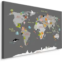 Karo-art Schilderij - Wereldkaart met Dieren, Kinderkamer, Premium Print