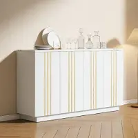 OKWISH Dressoir – Opbergkast Met 4 Deuren – 140 x 35 x 70 cm – Verstelbare Binnenvakken – Wit Met Goud – Voor Woonkamer En Hal