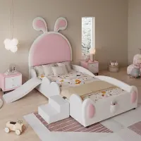 Sweiko gestoffeerd eenpersoonsbed met kleine trap en glijbaan, hoofdeinde met konijnenoren, kinderbed met houten lattenbodem, Polyurethanmateriaal, wit en roze, 90x200 cm