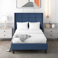 SINGULARITY -Gestoffeerd bed met gestoffeerd hoofdeinde Eenpersoonsbed met lattenbodem- 90x200cm- in blauw linnen- medium stevig Met springverenmatras