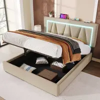 MODFU Bedframe 140x200 cm – Beige linnen met verstelbaar hoofdbord & LED – Hydraulisch