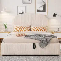Merax 140x200cm gestoffeerd bed - met opbergruimte - tweepersoonsbed - met breed hoofdeinde - beige - zonder matras