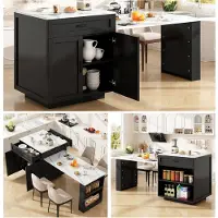 OKWISH Keukeneiland Bartafel - Uitschuifbaar - 1 Lade En 4 Vakken - Met Wielen - MDF Zwart - 133-202x70x93,5 cm