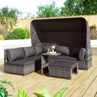 Laura Wicker Tuin Loungeset 194x128 cm met Zonnedak, Tafel & Kruk – 4 Persoons Modulaire Lounge Set, Weerbestendig Poly Rattan met Glasplaat – Grijs –