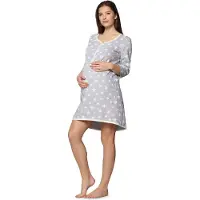 Be Mammy Dames Nachtemd - Zwangerschaps Nachthemd - Three-quarter mouwen - Katoen - BE-BE20-275-ND - MelangeSterrenCrème - XL