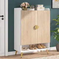 Tribesigns Schoenenkast met Deuren – 7 Laags Schoenenrek met Verstelbare Planken – Vrijstaande Smalle Schoenenkast – 73x 37x 110cm – Houten Schoenenopberger voor Entree, Woonkamer - Hout en Goud