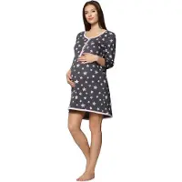 Be Mammy Dames Nachtemd - Zwangerschaps Nachthemd - Three-quarter mouwen - Katoen - BE-BE20-275-ND - GraphitSterrenRoze - XL