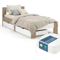 Homestyle4u Eenpersoonsbed - 90x200 cm - met Binnenveringmatras - 2 Opbergladen - Bruin en Wit