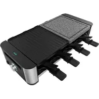 BOG Raclette Cheese&Grill 16000 Inox MixGrill Voor 8 Personen 1400W Instelbare Thermostaat 2 Aluminium Grillplaten (20x22 cm) & Natuursteen (20x22 cm) Inclusief 8 Pannen en 8 Spatels