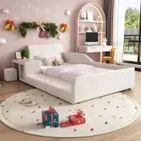 OKWISH Gestoffeerd bed 90x200 cm – Eenpersoonsbed Met Integraal Bureau En Kruk – Opbergbodem, Stabiele Lattenbodem – Fluweel – Wit – Zonder matras