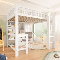 MODFU Bedframe 140x200 cm van massief grenen en MDF, met ingebouwd bureau, 3 lades en veiligheidsrail, wit