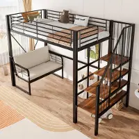 MODFU – Stapelbed met Afneembare Zitbank – 90x200 cm – Opbergtrap – Wasbare Hoes – Metaal – Zwart