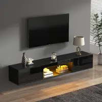 MODFU TV-meubel met open vakken, hoogglanzende afwerking, LED-verlichting en kabelmanagement, zwart