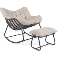 Costway Schommelstoel met voetenbankje, extra grote schommelstoel met dikke, afneembare kussens, tuin- of terrasstoel, comfortabele fauteuil, belastbaar tot 150 kg, beige