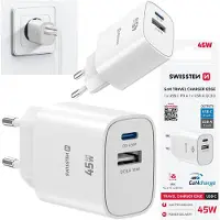 Swissten Snel oplader voor het stopcontact, GaN, 1x USB-C (45W PD) + 1x USB-A (18W QC), merk