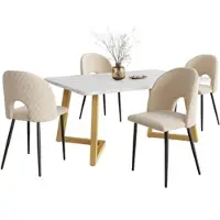 MODFU Eettafels en Stoelen - Eetkamer met uitschuifbare tafel met V-vormige poten en 6 fluweelzachte stoelen - MDF - 120/160x80x75,5 cm - Wit en beige