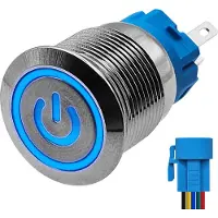 Proride Metalen Pulsschakelaar 12V OFF-(ON) - 19mm - Momentschakelaar met Aansluitkabel - Spatwaterdicht - 12V/24V - LED Indicatie Blauw