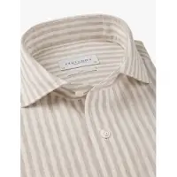Profuomo Beige gestreept overhemd Regular Fit linnen