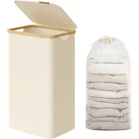 Songmics - Wasmand - Wasmand met Deksel - Verwijderbare Waszak - Opvouwbaar met Bamboe Handvatten