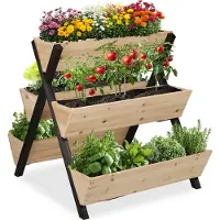 Relaxdays Verticale plantenbak, hout, HxBxD: 82 x 75 x 90 cm, verhoogde plantenbak met 5 bakken, terrasplantenbak voor balkon, terras, naturel/zwart