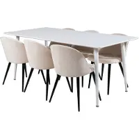 Ebuy24 Polar180X90WHWH eethoek eetkamertafel wit en 6 Velvet eetkamerstal velours beige, zwart.