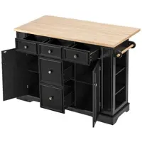 STILVORA Keukeneiland 130,5 Cm – Uitklapbaar Werkblad 40-65 Cm – 5 Lades & Verstelbare Planken – 2 Stopcontacten + 2 Usb – Zwart