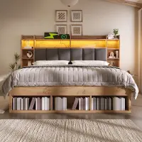 Merax 160x200 cm gestoffeerd bed met LED-verlichting - nachtkastje met USB- en Type-C-poort - lade op wieltjes - zonder matras - eik