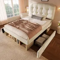 Merax 90x200cm gestoffeerd bed - met gebogen en in hoogte verstelbaar hoofdeinde - met lade en opbergruimte - zonder matras - beige