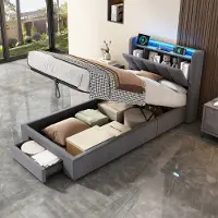 HAUSS SPOLE Gestoffeerd Bed 90x200 cm - Eenpersoonsbed Met LED Verlichting En Opbergruimte - Stoffen Bedframe - Donkergrijs