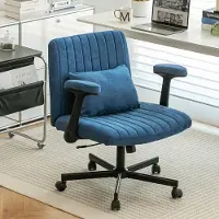 OKWISH Bureaustoel - Verstelbaar En 360 Draaibaar - Met Opklapbare Armleuningen En Stille Wielen - Veloursstof - Blauw
