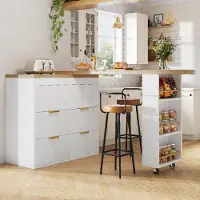 Flieks bartafel/staande tafel met 6 lades en omkantsysteem, multifunctionele tafel, 360° draaibaar, geschikt als eettafel of keukenbuffet, afmetingen 128-203x39x90 cm, wit