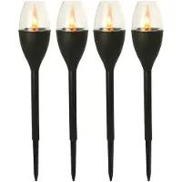 Gerimport Tuinlamp - 4x - solar - LED licht - kunststof - H37 cm - zwart - grondpin - vlam effect