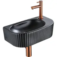 Qeramiq Fuente Fonteinset - 40x21.5x12cm - rechts - geribbeld - halfrond - 1 kraangat - keramiek - fonteinkraan geborsteld koper - afvoerplug - verlaagd sifon - zwart mat
