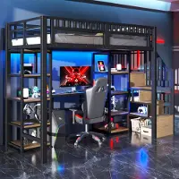 HAUSS SPOLE Hoogslaper 90x200cm - Met Bureau En Opbergladder Met Vakken - Led Lichtstrip Met App En Usb Poorten - Zonder Matras - Metaal En Mdf - Zwart