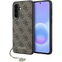 GUESS Hoesje Geschikt voor Samsung Galaxy A57 - Backcover met 4G Print & Gouden Bedel (Charm) - Bruin